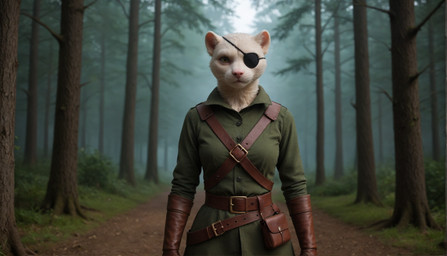 belt clothed clothing coat conifer day expressionless eye_patch eyewear female fog forest forest_background forest_path fur gloves green_clothing handwear leather leather_clothing leather_gloves leather_handwear looking_at_viewer nature nature_background outside plant pockets serious_face standing topwear tree trenchcoat white_body white_fur nnam_si3 domestic_ferret mammal mustela mustelid musteline true_musteline hi_res portrait three-quarter_portrait