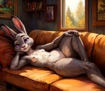 anthro book bookshelf breasts casual_nudity chilon249 detailed_background female fluffy fur furniture grey_body grey_fur inside judy_hopps lagomorph leporid looking_at_viewer lying mammal meme navel nipples nude painting picture_frame pillow pink_nose purple_eyes rabbit seductive small_breasts smile sofa solo tuft window yiffymix_(model) zootopia