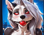 anthro ball_gag bdsm bodily_fluids close-up eye_roll female fur gag hair long_hair pupils red_sclera saliva slit_pupils solo ivorymane helluva_boss loona_(helluva_boss) canid canid_demon canine canis demon hellhound mammal wolf watermark