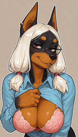anthro big_breasts blue_clothing blue_shirt blue_topwear blush bra breasts cleavage clothed clothing ear_piercing ear_ring eyewear female formal_wear glasses grey_background hair lace_bra leaning leaning_forward looking_at_viewer mature_anthro mature_female medium_hair outline parted_lips piercing pigtails pink_bra pink_clothing pink_underwear presenting presenting_breasts red_eyes ring_piercing shirt simple_background smug solo topwear underwear upper_body white_hair leoninhulets canid canine canis dobermann domestic_dog humanoid mammal pinscher hi_res