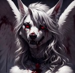 anthro auykac blood blood_from_eye bodily_fluids collar crying feathered_wings feathers female fur hair hi_res red_eyes sharp_teeth solo tears teeth vampire white_body white_fur white_hair wings