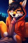 anthro ascar ascar_the_maned_fox_(character) big_penis black_hair blush canid canine clothing duo eyewear fellatio fellatio_pov first_person_view fox genitals glasses hair hoodie male male/male mammal maned_wolf night oral penile penis sex tongue topwear