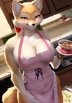 anthro apron apron_only bedroom_eyes big_breasts black_nose blush bowl bracelet breasts canid canine cheek_tuft cleavage cleavage_overflow clothed clothing container facial_tuft female fluffy fluffy_tail fox front_view fur hi_res high-angle_view holding_object inner_ear_fluff jewelry kitchen mammal mostly_nude narrowed_eyes naughty_face orange_eyes perspective pikaflufftuft plate portrait seductive skimpy smile smirk solo standing tuft watermark