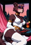 alcohol anthro armor beverage bracers city city_background clothing cocktail collar dress eyewear eyewear_on_head female gold_(metal) gold_collar laying legwear pixelated retro solo stockings sunglasses sunglasses_on_head sunset teal_eyes topwear white_clothing white_dress white_legwear white_stockings white_topwear fe_luniferal beastars juno_(beastars) canid canine canis mammal wolf digital_media_(artwork) hi_res pixel_(artwork)