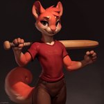 anthro baseball_bat bat_(object) clothing female fluffy fluffy_tail fur hair red_body red_clothing red_fur red_hair red_shirt red_topwear shirt solo topwear mammal rodent sciurid tree_squirrel