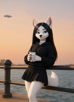 anthro black_hair blue_eyes blurred_background bottomwear choker clothed clothing female fur hair hoodie jewelry long_hair looking_at_viewer miniskirt necklace skirt smile solo spaceship standing topwear white_body white_fur foxytaill silver_snowflake arctic_fox canid canine canis fox mammal