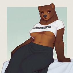 arm_support bedroom_eyes big_breasts biped black_bottomwear black_clothing black_nose bottomwear breasts brown_body brown_fur claws clothed clothing crop_top female fur furniture looking_at_viewer midriff narrowed_eyes navel purple_eyes raised_clothing seductive shirt simple_background sitting skirt smile solo text text_on_clothing text_on_topwear topwear tuft under_boob white_clothing white_shirt white_topwear unknown_director brown_bear mammal ursid ursine hi_res portrait