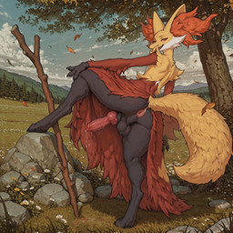 animal_genitalia animal_penis anthro anus arm_tuft aroused autumn_leaves backsack ball_tuft balls black_body black_fur black_lips bodily_fluids butt canine_genitalia canine_penis claws digitigrade erection field flower fur genital_fluids genitals hand_on_leg inner_ear_fluff inviting inviting_to_sex knot leaning_on_rock leaning_sideways lips looking_at_viewer looking_back male multicolored_body multicolored_fur narrowed_eyes naughty_face open_mouth open_smile orange_eyes outside outstretched_arm pawpads penis perineum plant precum presenting presenting_hindquarters pupils raised_leg red_body red_fur red_nose seductive sharp_teeth sheath shoulder_tuft slit_pupils smile solo standing teeth thick_penis three-quarter_view throbbing_penis tree tuft vein veiny_penis yellow_body yellow_fur unknown_director nintendo pokemon canid canine delphox generation_6_pokemon mammal pokemon_(species) absurd_res full-length_portrait hi_res portrait