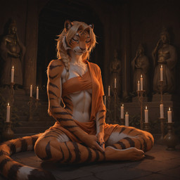 anthro braided_hair breasts buddhism candle clothing crossed_legs curtained_hair detailed_fur dim_lighting eyes_closed female fluffy hair hands_together long_hair meditating sculpture sitting slim_body solo statue stone_floor stripes tail temple toga under_boob volumetric_lighting phasedb felid mammal pantherine tiger absurd_res detailed hi_res