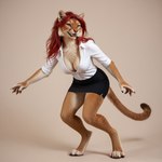 anthro bottomwear breasts claws cleavage clothed clothing digitigrade female fur hair leaning leaning_forward long_hair looking_at_viewer ponyrealism_(model) red_hair shirt skirt solo spread_arms tan_body tan_fur teeth topwear white_body white_fur director_crashbandit cougar felid feline mammal pantherine