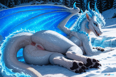 animal_genitalia animal_pussy anus black_claws blue_eyes butt butt_focus claws fangs female feral fur genitals glowing glowing_eyes glowing_wings hair horn ice ice_horn ice_mane ice_wings inner_ear_fluff looking_at_viewer lying mane mythology pawpads paws presenting pussy scales smile snow snowy_trees solo tail teeth tongue tuft water wing_claw wings chrisphoenix canid canine dragon elemental_creature elemental_dragon furred_dragon ice_dragon mammal mythological_creature mythological_scalie scalie absurd_res hi_res