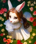 anthro brown_eyes brown_hair clothed clothing detailed director_name dress female flower fur hair high-angle_view inner_ear_fluff lagomorph leporid mammal pikaflufftuft pink_nose plant portrait rabbit realistic smile solo tuft watermark whiskers white_body white_fur