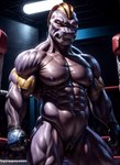 andromorph anthro clothing fighting_ring genitals gloves gloves_only handwear handwear_only intersex looking_at_viewer mostly_nude muscular navel pokemon purple_body pussy red_eyes solo standing marcus64 generation_1_pokemon machoke pokemon_(species) hi_res