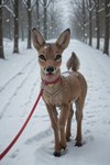 brown_body brown_eyes brown_fur collar collar_only deer_ears ears_up female feral first_person_view fur hair hooves inner_ear_fluff leash leashing_pov looking_at_viewer nude outside photorealism photorealistic quadruped raised_tail smile snow snow_on_ground solo tongue tuft walking diddlier cervid mammal animated