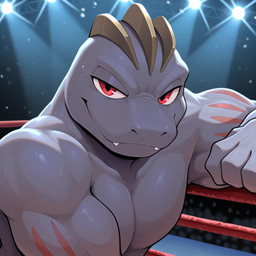anthro bodily_fluids featureless_chest fighting_ring grey_body looking_at_viewer male muscular red_eyes ridges smile solo spotlight sweat jtizzle1989 nintendo pokemon generation_1_pokemon machoke pokemon_(species)