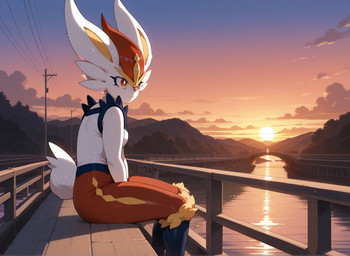 ambiguous_gender anthro biped blush breasts bridge clothed clothing cloud day detailed_background eyelashes female fur lake landscape mountain multicolored_body multicolored_fur orange_body orange_eyes orange_fur outside plant red_body red_eyes red_fur river scenery short_tail sitting sky solo sun sunset tail tree tuft water white_body white_fur white_tail towersmash nintendo pokemon cinderace generation_8_pokemon lagomorph mammal pokemon_(species) digital_media_(artwork) shaded