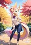 anthro blue_eyes bottomwear breasts bubble chest_tuft clothed clothing denim denim_clothing female forest fur hair jeans medium_breasts pants paws plant pose shorts shoulderless_shirt slim smile solo standing sweater tail topwear tree tuft white_body white_fur vtaviscratch capcom monster_hunter leviathan_(mh) mammal mizutsune hi_res