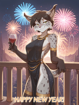 5_fingers alcohol anthro armwear balcony beverage black_clothing black_hair blush breasts brown_hair champagne city clothed clothing container countershading cup detailed_background dress drinking_glass elbow_gloves eyebrows eyelashes female fingers fireworks fur glass glass_container glass_cup gloves gloves_(marking) gold_(metal) gold_jewelry green_eyes grey_body grey_fur hair handwear holding_beverage holding_glass holding_object holidays iskra jewelry legwear looking_at_viewer markings multicolored_body multicolored_fur necklace night no_underwear outside pelvic_curtain short_hair short_tail skimpy sky smile solo spots spotted_body spotted_fur standing stockings text thigh_highs translucent translucent_clothing tuft white_body white_fur wine anontk new_year twokinds alice_reed_(twokinds) felid feline lynx mammal english_text hi_res portrait shaded three-quarter_portrait