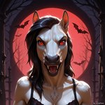 anthro black_hair close-up clothed clothing fangs female fur hair lingerie long_hair looking_at_viewer open_mouth pupils red_eyes slit_pupils solo tongue white_body ivorymane ambient_bat equid equine horse mammal vampire portrait watermark