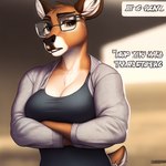 2022 anthro attempted_signature breasts brown_body brown_eyes brown_fur cervid cleavage clothed clothing crossed_arms eyewear female fur glasses mammal shirt solo spacefurry923455 standing tail topwear