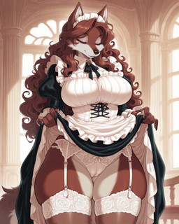 anthro big_breasts bottomwear breasts brown_body brown_fur brown_hair camel_toe clothed clothing clothing_lift curvy_figure eyes_closed female female_anthro fur garter_belt garter_straps hair lace legwear lingerie long_hair maid_dress maid_headdress maid_uniform mansion panties skindentation skirt skirt_lift smile solo standing thick_thighs thigh_highs underwear uniform voluptuous wavy_hair white_clothing white_panties white_underwear wide_hips goonsmith canid canine canis mammal wolf hi_res portrait three-quarter_portrait
