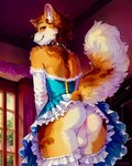 anthro anus backsack balls blue_clothing butt canid canine clothed clothing countershade_butt countershade_face countershade_fur countershade_tail countershading crossdressing fur genitals girly hi_res looking_at_viewer looking_back looking_back_at_viewer male mammal perineum raised_tail room_(director) smile solo window