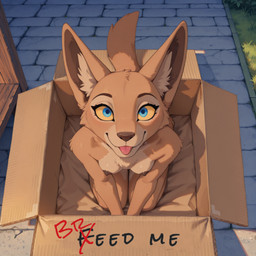 anthro blue_eyes breasts container dark_nipples female fur high-angle_view in_box in_container kneeling porch small_breasts smile solo tail tan_body tan_fur tongue tongue_out yellow_sclera thygap hi_res