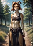 anthro bottomwear breasts chest_tuft clothing female goat_ears horizontal_pupils horn loincloth looking_at_viewer navel orange_eyes outdoors pupils slim small_breasts solo tuft nonimousmate bovid caprine goat mammal hi_res