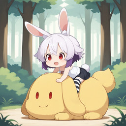 black_miniskirt bow_ribbon chibi clothed clothing dirt duo ears_down ears_up female feral fingers floppy_ears forest forest_background fur grass hair happy inner_ear_fluff larger_feral legwear mouth_closed multicolored_hair nature nature_background open_mouth pattern_clothing pattern_legwear pattern_thigh_highs pivoted_ears plant purple_hair rabbit_ears red_eyes riding scut_tail short_hair short_tail shrub sidelocks size_difference smile striped_clothing striped_legwear striped_thigh_highs stripes thigh_highs three-quarter_view tree tuft two_tone_hair white_camisole white_ears white_hair white_tail yellow_body yellow_fur yellow_tail oarebt usami_(dangoknight) animal_humanoid humanoid lagomorph lagomorph_humanoid leporid leporid_humanoid mammal mammal_humanoid rabbit rabbit_humanoid 2025