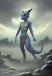 anthro athletic blue_body blue_eyes female flat_chested fog genitals nipples nude pussy realistic smile solo standing kobold full-length_portrait hi_res portrait