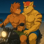 anthro baseball_hat bodily_fluids bottomwear clothing duo male male/male motorcycle muscular night sand sea shirless shorts sky swat_kats sweat vehicle water zidanes123 chance_furlong jake_clawson domestic_cat felid feline felis mammal