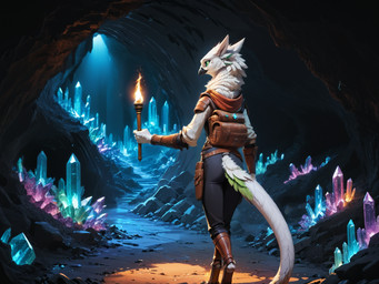 anthro backpack belt bottomwear cave cavern clothing crystal crystal_cave fantasy feathers female fire green_eyes green_sclera inner_ear_fluff leather leather_clothing long_tail neck_tuft pants solo torch tuft white_body white_feathers venanli avian gryphon mythological_avian hi_res