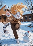action_pose ambiguous_gender anthro blonde_hair blue_eyes clothing coat fur fur_markings hair happy looking_at_viewer markings outside pose snow snowball_fight snowman solo throwing_object topwear white_body white_fur nonimousmate nat_(nonimousmate) felid mammal pantherine tiger absurd_res hi_res