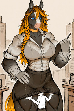 anthro black_body black_bottomwear black_clothing black_fur black_skirt blonde_hair blue_eyes bottomwear braided_hair choker clipboard clothing duo female fur hair jewelry male muscular muscular_female necklace office pencil_skirt shirt size_difference skirt topwear white_clothing white_shirt white_topwear anonymous_director anon clydesdale draft_horse equid equine horse human mammal hi_res