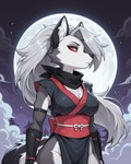 anthro breasts female fluffy_fur fur grey_body grey_eyes grey_fur moon night ninja red_eyes solo warrior alastorgj helluva_boss loona_(helluva_boss) canid canine canis mammal wolf hi_res
