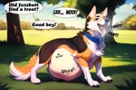 after_vore ambiguous_gender belly big_belly blue_eyes breath brown_body canid canine canis collar collar_tag comic domestic_dog feral hi_res loganth mammal panting park soft_vore solo tail vore
