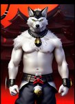 anthro black_nose canid canine canis clothing detailed_background fur headgear japan jewelry looking_at_viewer male mammal musclegut muscular muscular_anthro muscular_male nipples pecs solo tesseract_(director) warrior white_body white_fur wolf