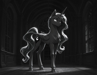 arch column cosmic_hair cutie_mark dark_background ethereal_hair expressionless female feral folded_wings glowing glowing_eyes hooves horn looking_at_viewer narrowed_eyes night solo standing tail window wings anonymous_director friendship_is_magic my_little_pony princess_luna_(mlp) equid equine mammal winged_unicorn full-length_portrait monochrome portrait