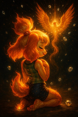 ambiguous_gender clothing duo eyes_closed feathers female feral fire flaming_tail gem red_body red_feathers sitting sitting_on_ground smile thejaneywaney animal_crossing nintendo isabelle_(animal_crossing) avian canid canine canis domestic_dog mammal mythological_avian mythological_firebird phoenix shih_tzu toy_dog hi_res