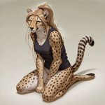 anthro bedroom_eyes blonde_hair bottomless clothed clothing digitigrade female golden_eyes hair kneeling long_hair looking_up narrowed_eyes ponytail seductive shirt simple_background smile solo spots topwear director_crashbandit cheetah felid feline mammal novelai