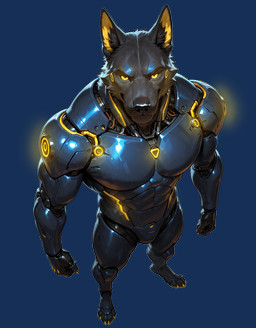abs anthro biceps black_body black_fur black_nose blue_markings cybernetic_arm cybernetic_eye cybernetic_leg cybernetic_limb cybernetic_torso cybernetics cyberpunk ear_tuft fur future futuristic futuristic_armor futuristic_clothing glowing glowing_body glowing_eyes glowing_markings high-angle_view looking_at_viewer lupine machine male markings mascot muscular muscular_male nose pecs robot_joints robotic robotic_arms robotic_body robotic_legs simple_background smile smirk smirking_at_viewer snout solo standing tuft yellow_eyes yellow_markings motelsaint e6ai mascot_2025 canid canine canis cyborg mammal robot wolf hi_res