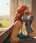 anthro beak black_body black_scales brown_body brown_feathers brown_fur clothed clothing colored_nails curled_hair day detailed_background director_name feathers female fully_clothed fur green_clothing green_eyes hair inside looking_at_viewer makeup nails plant red_hair scales seductive solo tree window gilkardex avian bird gryphon mythological_avian hi_res signature