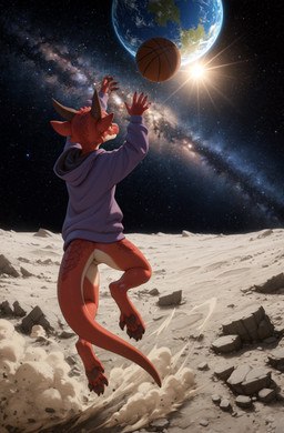 4_fingers anthro basketball black_claws black_pawpads brown_horn claws clothing detailed_background digitigrade dust earth female fingers hoodie horn jumping light light_beam milky_way moon pawpads purple_clothing purple_hoodie purple_topwear red_body red_scales rock scales solo space star sun sunbeam sunlight tail tan_body topwear yellow_eyes hummuna meme_2026 wani_(hummuna) kobold scalie absurd_res hi_res