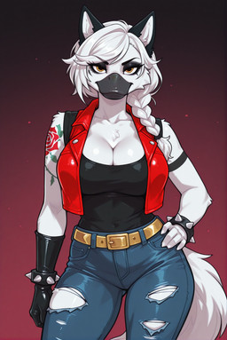 anthro arm_tattoo beak big_breasts black_beak black_clothing black_ears black_eyeshadow black_gloves black_handwear black_shirt black_topwear blue_bottomwear blue_clothing blue_jeans blue_pants bottomwear breasts clothed clothing contrapposto denim denim_clothing eyeliner eyeshadow female fur gloves gold_belt gradient_background hair hand_on_hip handwear jeans looking_at_viewer makeup pants shirt simple_background solo tail tattoo topwear torn_bottomwear torn_clothing torn_jeans torn_pants white_body white_fur white_hair yellow_eyes dakka kyrie_(dakka) anatid anseriform avian bird canid canine canis duck hybrid mammal wolf hi_res portrait stable_diffusion three-quarter_portrait