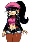 anthro beret black_clothing black_hair black_jacket black_lipstick black_topwear bottomwear clothing donkey_kong_(series) ear_piercing ear_ring female hair hat headgear headwear jacket lipstick makeup nintendo piercing pink_clothing pink_shirt pink_topwear ponytail ring_piercing shirt shorts simple_background solo topwear dixie_kong haplorhine mammal monkey primate hi_res