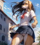 anthro canid canine clothed clothing female genitals hair low-angle_view mammal no_underwear outdoors outside public public_exposure pussy school_uniform smile solo traialas uniform upskirt