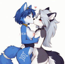 accessory anthro blue_body blue_fur blue_hair blush breast_grab breast_squish breasts breasts_frottage cheek_tuft circlet clothing collar duo eyes_closed eyeshadow facial_tuft female female/female fingerless_gloves floating_heart fur furgonomic gloves grey_body grey_eyes grey_fur grey_hair hair half-closed_eyes hand_on_breast hand_on_hip handwear kissing makeup markings medium_breasts narrowed_eyes nipples notched_ear nude pupils red_sclera side_view simple_background slit_pupils spiked_collar spikes squish standing tail_accessory tailband tribal tribal_markings tuft white_background white_body white_fur anonymous_director hellaverse helluva_boss nintendo star_fox krystal_(star_fox) loona_(helluva_boss) canid canine canis fox mammal wolf 2025