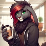 ambiguous_gender anthro beverage black_body black_fur black_hair chakatblackstripe_(director) clothing coffee coffee_cup container cup fur green_eyes hair jacket lagomorph laquine leporid long_ears mammal mane neck_fluffy neck_tuft rabbit red_hair solo topwear tuft whiskers