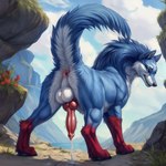 1:1 anatomically_correct anatomically_correct_genitalia animal_genitalia animal_penis anus backsack balls black_lips black_nose black_pawpads black_pupils blue_body blue_eyes blue_fur blue_mane blue_sky bodily_fluids butt canid canine canine_genitalia canine_penis canis cloud cum cum_on_ground detailed detailed_background detailed_fur director_firewolf ejaculation fel_(fenrir) feral flower fur furryrock_(model) genital_fluids genitals gloves_(marking) grass head_markings hi_res inner_ear_fluff knot lips looking_at_viewer looking_back looking_back_at_viewer male mammal mane markings mountains multicolored_body multicolored_fur nature nature_background neck_tuft open_mouth open_smile pawpads paws penis perineum pink_anus plant presenting presenting_hindquarters provocative pupils quadruped raised_tail red_penis sky smile smiling_at_viewer smug solo teeth throbbing_penis tuft water wolf