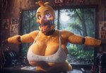 accessory anthro beak big_breasts bra breasts bursting_breasts clothed clothing female huge_breasts looking_at_viewer machine partially_clothed photo photorealism photorealistic smile solo sports_bra topwear underwear iasmokeada five_nights_at_freddy's chica_(fnaf) withered_chica_(fnaf) animatronic avian bird chicken galliform gallus_(genus) phasianid robot